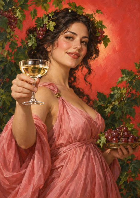 Adult woman in a rose-pink dress raising a stemmed glass and holding purple grapes, with grape and leaf adornments in her dark hair.