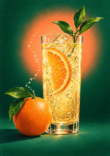 Clear highball glass with bubbly pale-gold citrus drink, an orange slice, and leafy sprig, beside a whole orange on a deep green background with a coral halo.