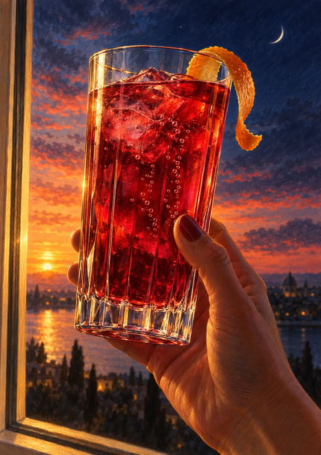 A hand holds a faceted glass of ruby-red iced drink with bubbles and curled citrus peel against an orange sunset and indigo sky.