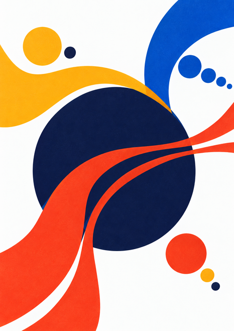 Abstract poster with a dark indigo circle crossed by sweeping red, yellow, and blue bands and small colored dots on white.