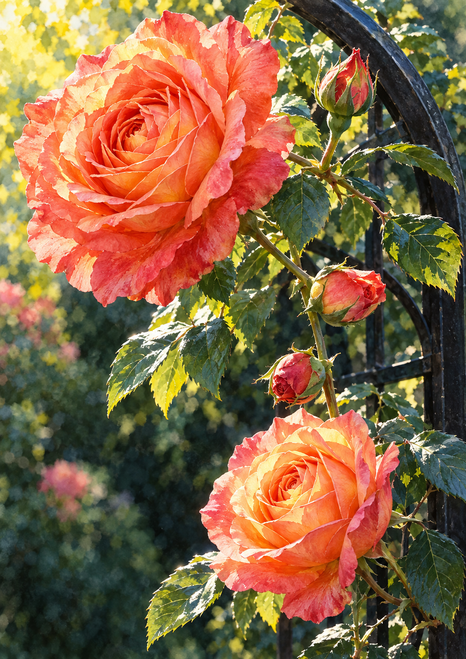 Two large coral-apricot roses and three buds on a leafy climbing stem beside a dark curved trellis.