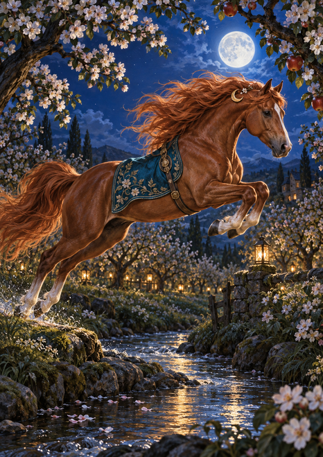 Chestnut horse with a teal floral saddlecloth leaping above a stream in a moonlit orchard framed by blossoms.