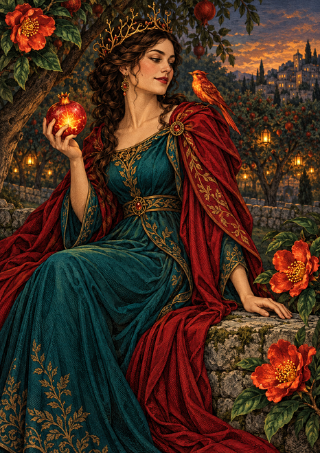 An adult queen-like woman in a teal gown and crimson cloak holds a glowing pomegranate as an ember-colored bird perches on her shoulder; blossoms and an orchard frame the scene.