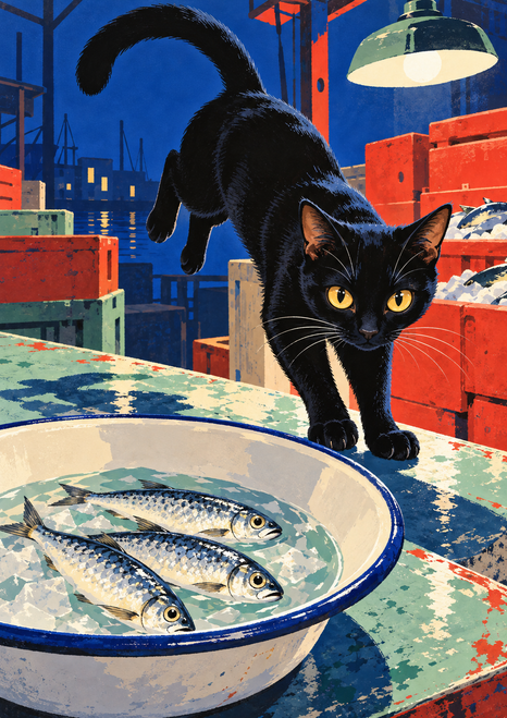 Graphic illustration of an amber-eyed black cat reaching across a market counter above a bowl of three silver fish, with red crates and a hanging lamp.
