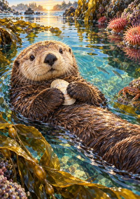 Sea otter floating in aquamarine tide-pool water and holding a pale shell, framed by kelp, pink anemones, and a small crab.