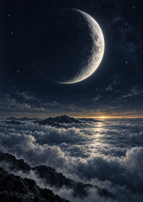 Large bright crescent moon above layered silver clouds, with a dark mountain ridge, reflective cloud path, and rocky foreground.