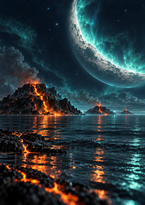 Crescent-like moon or planet above volcanic islands with glowing orange lava, turquoise atmospheric light and reflections on a dark sea.