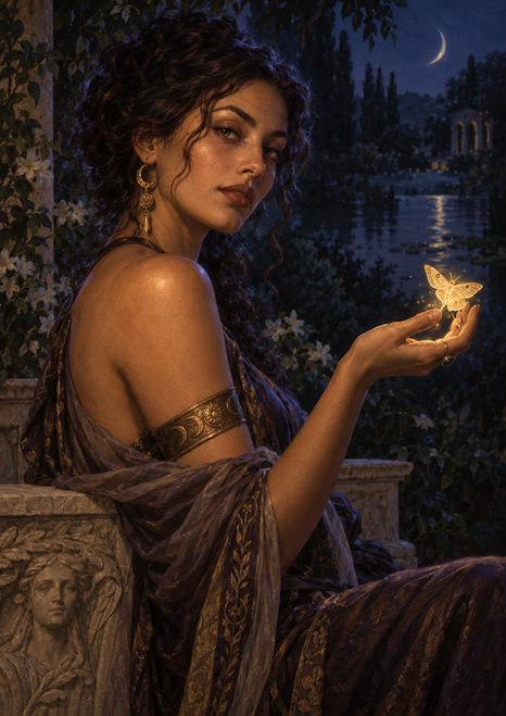 Seated woman in draped clothing studies a glowing moth above her open palm in a moonlit garden, with a carved stone bench and pond.