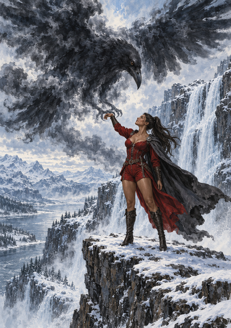 A woman in red and a dark cape reaches toward a giant raven-shaped storm cloud from a snowy cliff above a waterfall and mountain valley.
