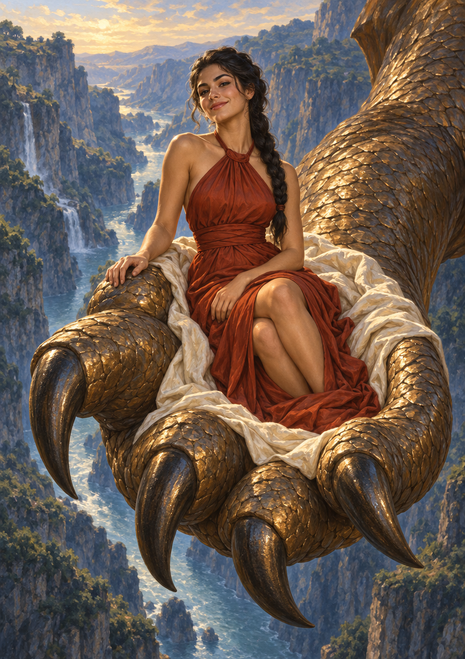 Woman in a rust-red dress amid the bronze-gold coils and claws of a dragon above a river gorge.