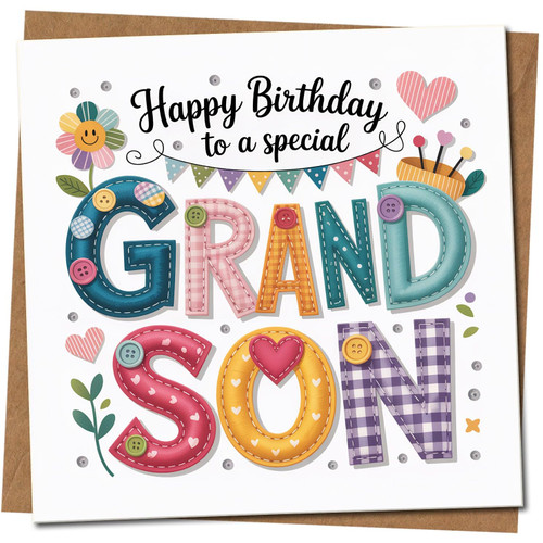 Grandson Birthday Card - Happy Birthday to a Special Grandson, Colourful Patchwork Button Design, 145mm x 145mm Square, Cute Bunting and Hearts, Includes Kraft Envelope