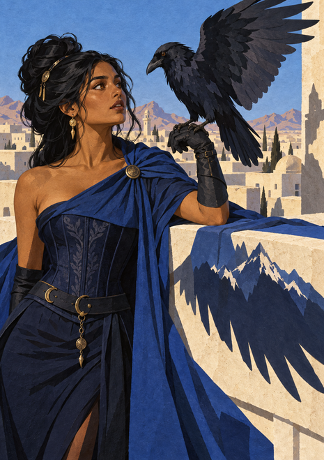 Dark-haired woman in blue with a black raven perched on her gloved arm, before a pale stone city and mountains.