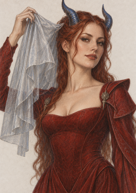 Red-haired horned woman in a deep-red gown lifting a translucent silver-gray veil against an ivory background.