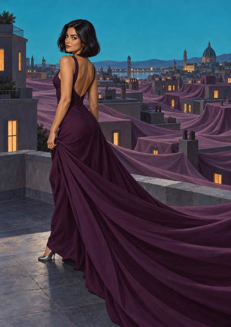 Woman in a long plum gown looking back from a rooftop above a twilight city, with the gown's train sweeping across the foreground.