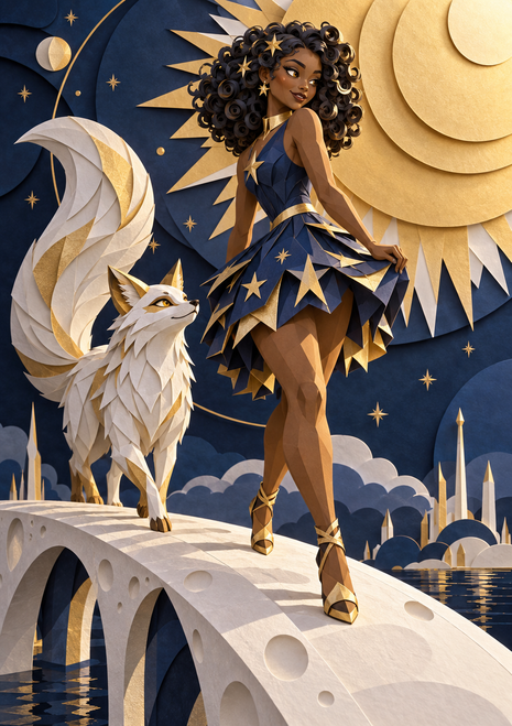 Woman in a navy-and-gold star-patterned dress beside a large multi-tailed white fox on an arched bridge beneath a stylized sun, moon, and stars.