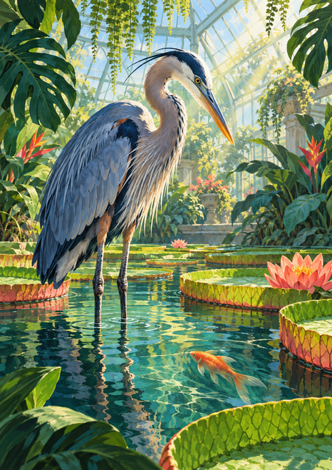 Blue-gray heron and goldfish in a lily-filled greenhouse pond surrounded by tropical foliage.