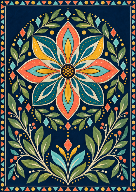 Symmetrical eight-petal rosette in coral, teal, turquoise, and saffron, surrounded by leafy branches, dots, diamonds, and a geometric border on navy.