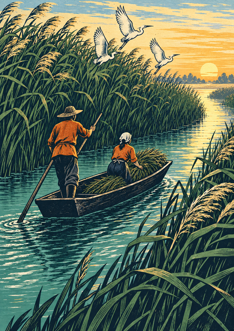 Two people guide a punt past tall reeds on a teal canal, carrying a bundle of cut reeds as three white birds fly above at dawn.