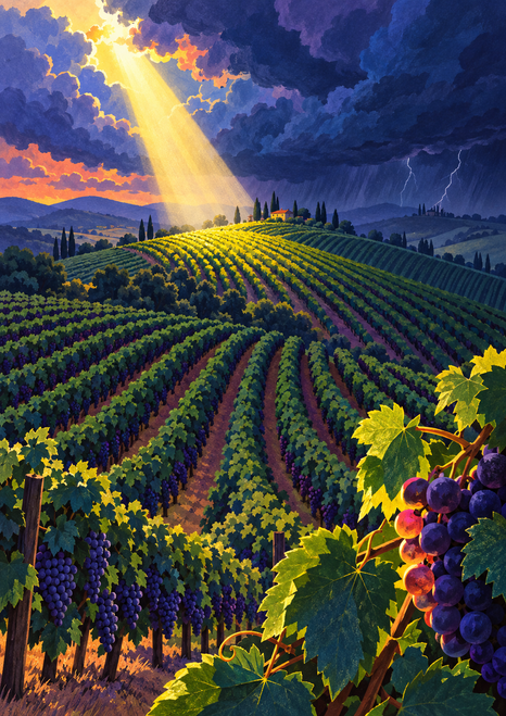 Curved vineyard rows sweep over rolling hills beneath violet-blue storm clouds as golden light falls on the vines; grape clusters and leaves fill the foreground.