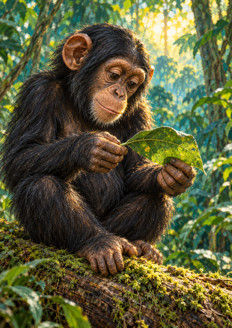 Chimpanzee sitting on a mossy fallen log and examining a broad green leaf in both hands, with a sunlit forest behind.
