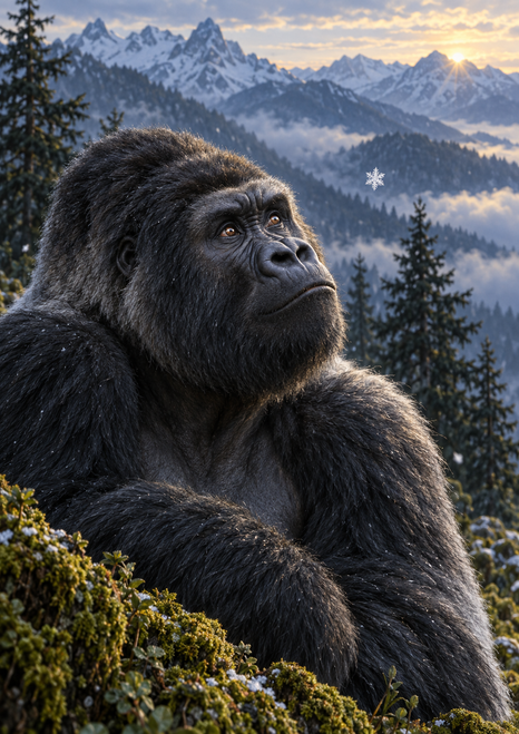 A dark-furred gorilla sits in a mountain landscape and gazes upward toward a small bright snowflake, with firs and distant ridges behind it.
