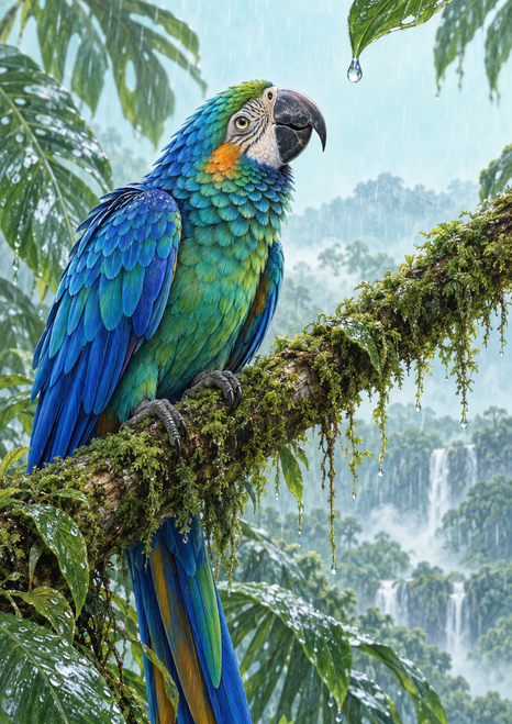 Blue-green macaw with an orange cheek perched on a mossy diagonal branch, facing a hanging raindrop against a misty tropical forest and waterfalls.
