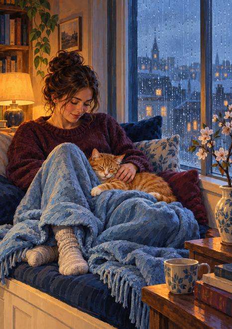 An adult woman rests under a blue blanket with a sleeping ginger cat on her lap beside a rain-streaked window.