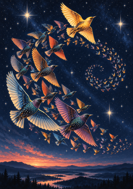 A flock of colorful birds, led by a larger gold bird, flies across a starry navy sky above a coral sunset and mountains.