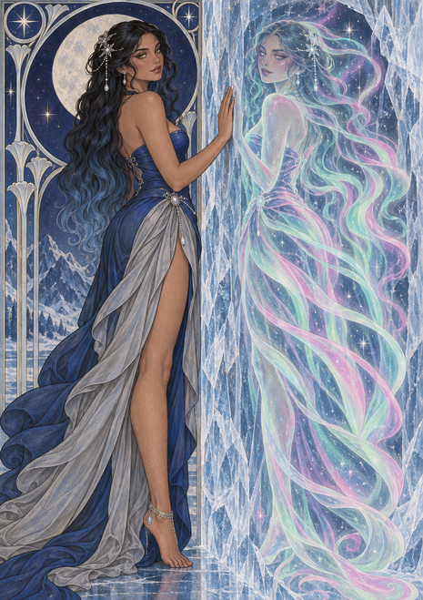 Dark-haired woman in a blue gown faces a luminous female-like double across an icy divider beneath a moon and stars.