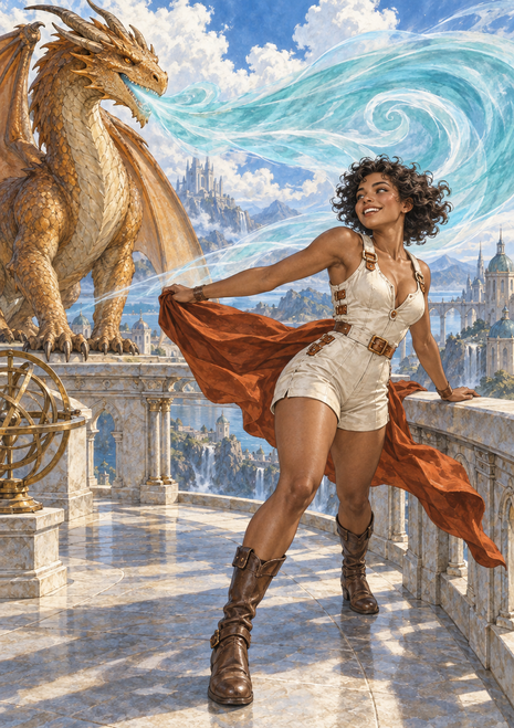 Woman in a cream outfit beside a large bronze dragon as a turquoise gust sweeps over a terrace and distant city.