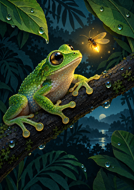 A vivid green frog clings to a wet diagonal branch and faces a glowing winged insect, framed by broad leaves and dark teal foliage.