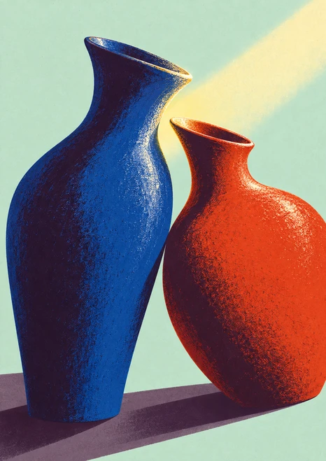 Taller cobalt-blue vase beside a shorter vermilion-orange vessel, their openings nearly touching against a pale mint background.