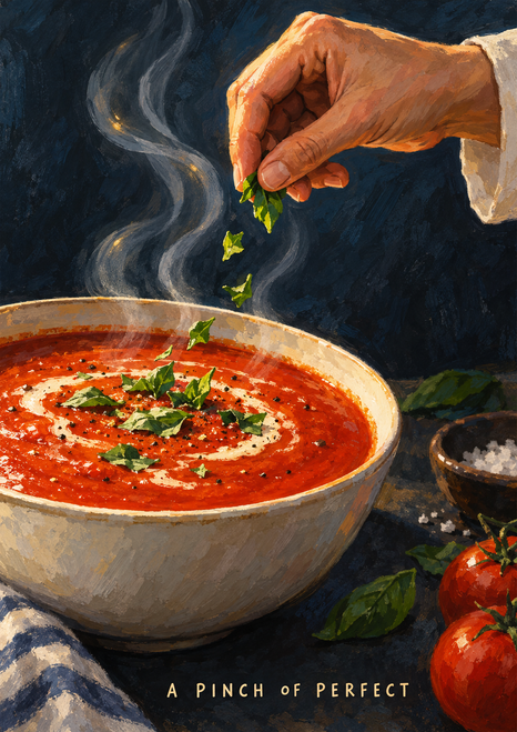 A hand sprinkles green herbs over steaming tomato soup, with tomatoes and a small bowl of salt nearby and “A PINCH OF PERFECT” along the bottom.