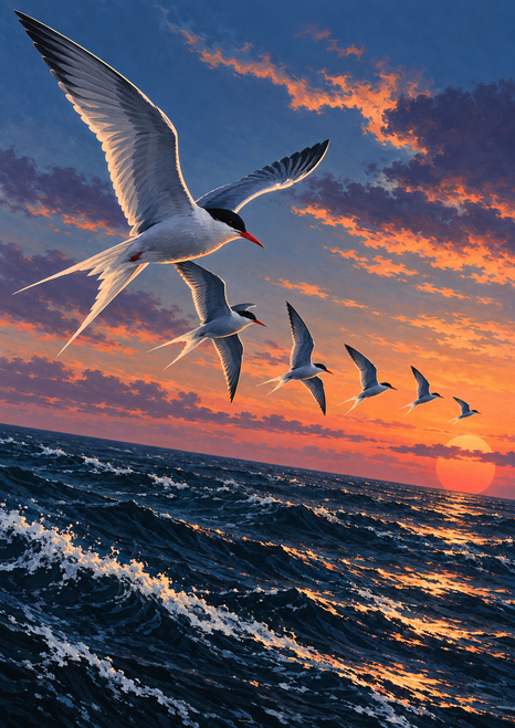 Six seabirds fly in formation above rough blue ocean waves beneath a coral-orange sunset.
