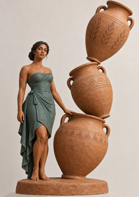 Barefoot woman in a teal draped dress beside three large decorated terracotta vessels stacked on a circular platform.