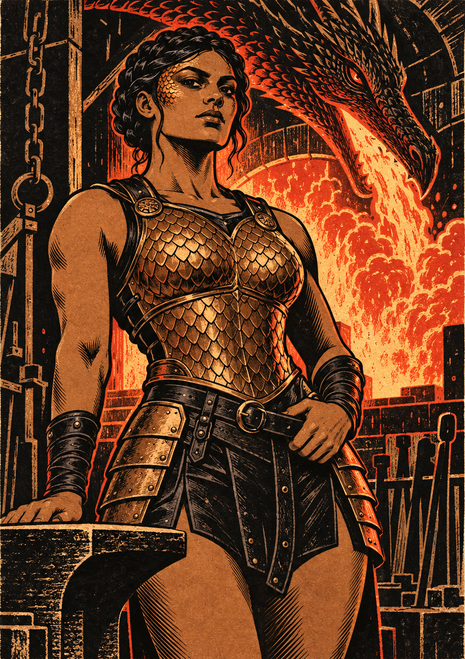 Scale-armored woman with facial markings in a blazing forge, with a large dragon head behind her.