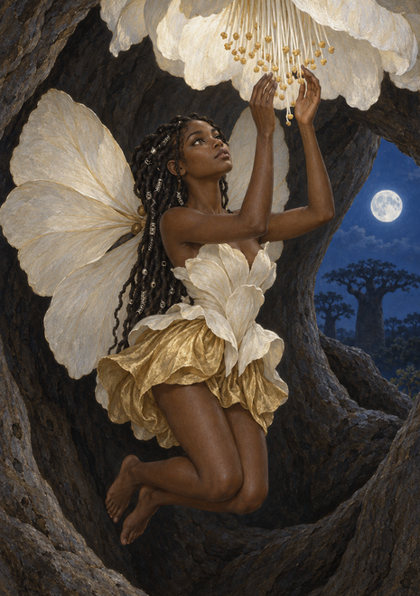 Dark-skinned flower fairy with pale petal-like wings floating inside a tree hollow beneath a blossom canopy.