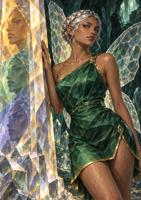 Silver-haired fairy with translucent wings beside a large multicolored faceted crystal with face-like reflections.