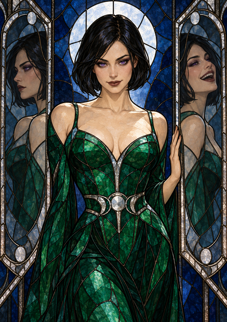 Dark-haired woman in an emerald gown between two mirror panels showing different facial expressions, beneath a circular pale window.