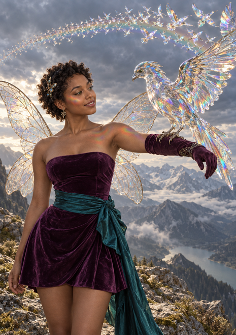 Winged woman in a purple dress and teal sash facing a large iridescent bird on a mountain ridge, with small birds arcing overhead.
