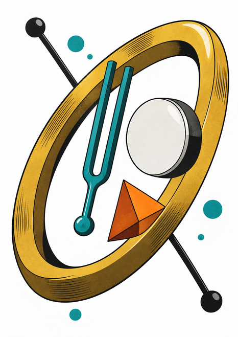Tilted gold ring around a teal tuning-fork-like form, unmarked white dial, orange prism, black rods and teal dots on white.