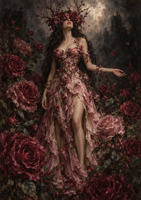 Woman in a layered pink floral gown among oversized red roses, with a branch-and-blossom crown partly covering her face and a pale glow behind her.
