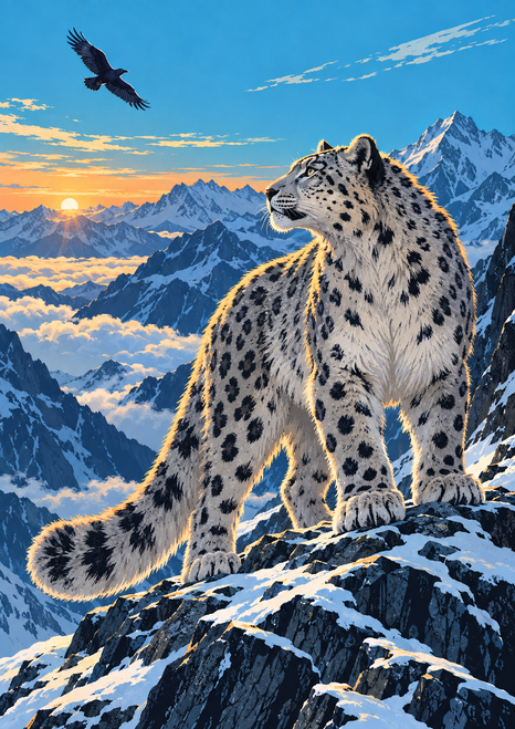 Spotted snow leopard standing on a snowy alpine ridge, looking toward a dark bird beneath an apricot sunrise.