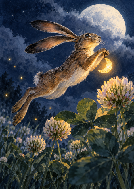 Long-eared hare leaping over green clover with a glowing lantern beneath a large moon and layered clouds.