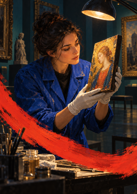 Adult woman in a cobalt coat and white gloves examining a small painted panel under a warm lamp in a busy studio.