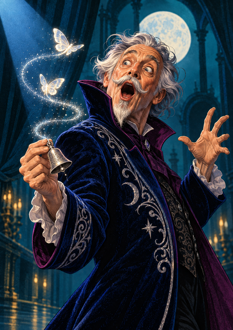 Wide-eyed elderly magician with a bell and raised hand, two glowing moths above him, and a full moon behind his head.
