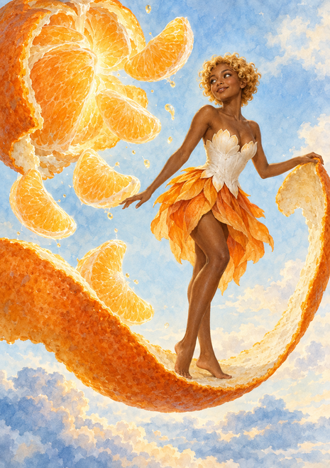 Citrus-themed fantasy woman in a white floral bodice and orange petal skirt surrounded by oversized orange slices and curling peel.