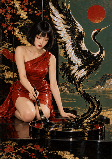 A seated woman in a red dress holds a brush beside a large black-and-gold crane form, with blossoms and a red sun against a dark landscape.