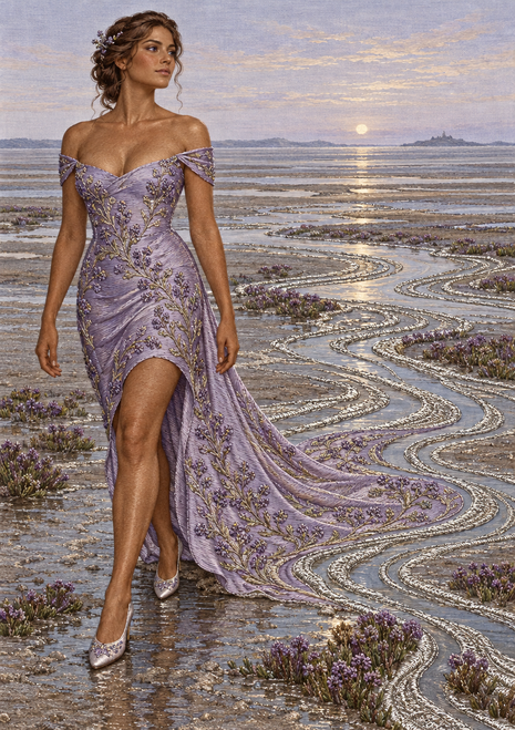 A woman in a lavender floral gown stands in reflective tidal flats among purple flowers beneath a sunset sky.
