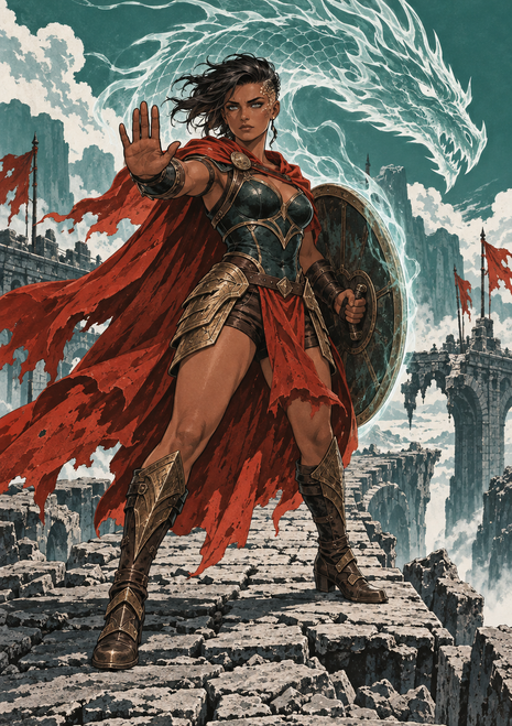 An armored woman with a round shield and red cape stands on a broken stone bridge beneath a large pale dragon outline.